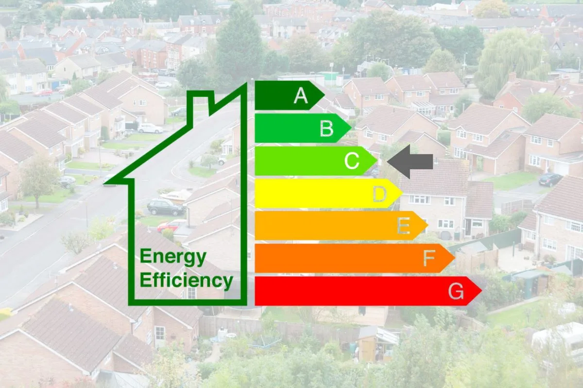 Energy Performance Certificate rating chart showing A to G ratings with the target C rating highlighted